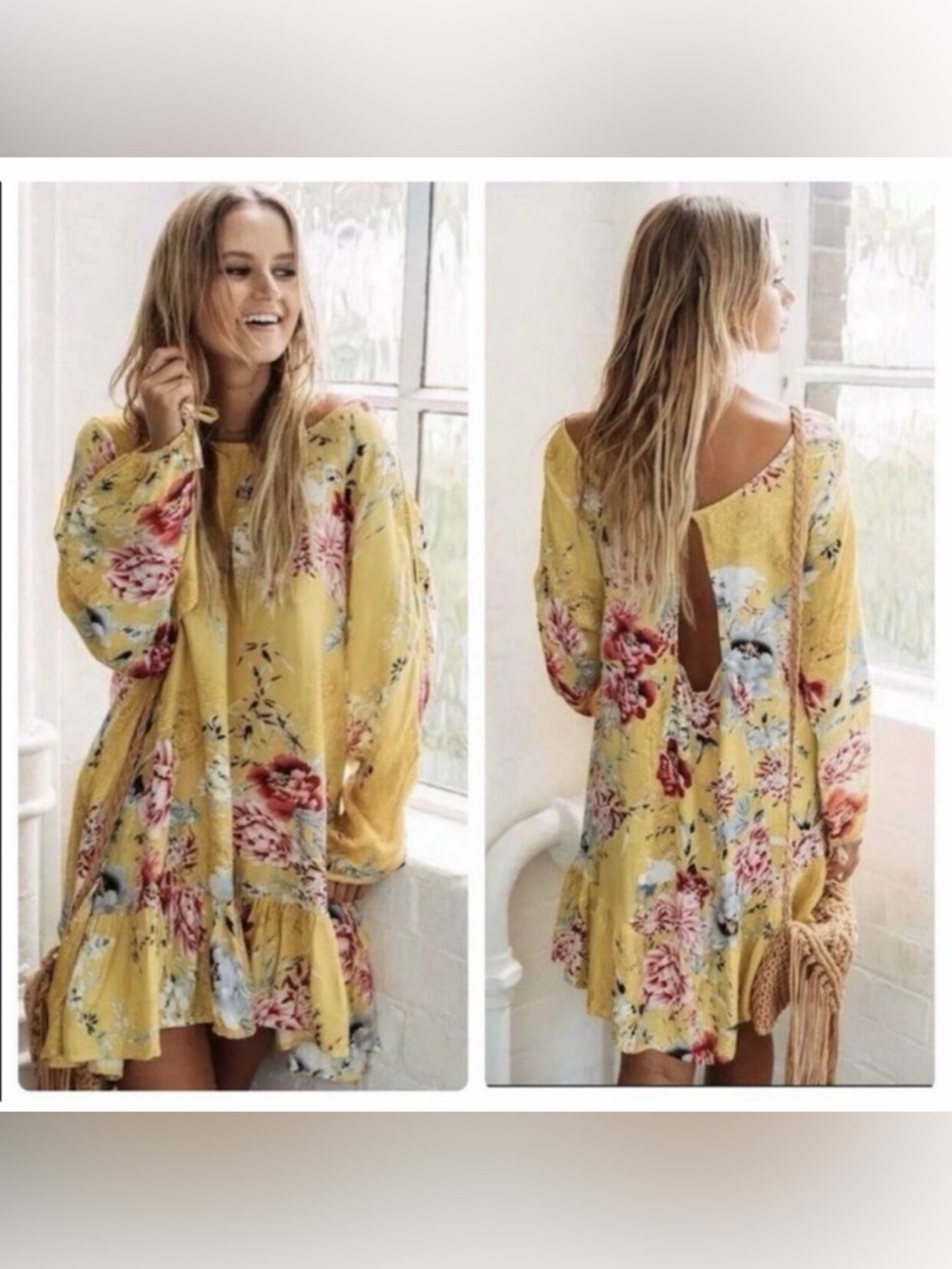 Jaase Maya Yellow Floral Print Mini Dress Festival Western Ruffle Hem Boho Large